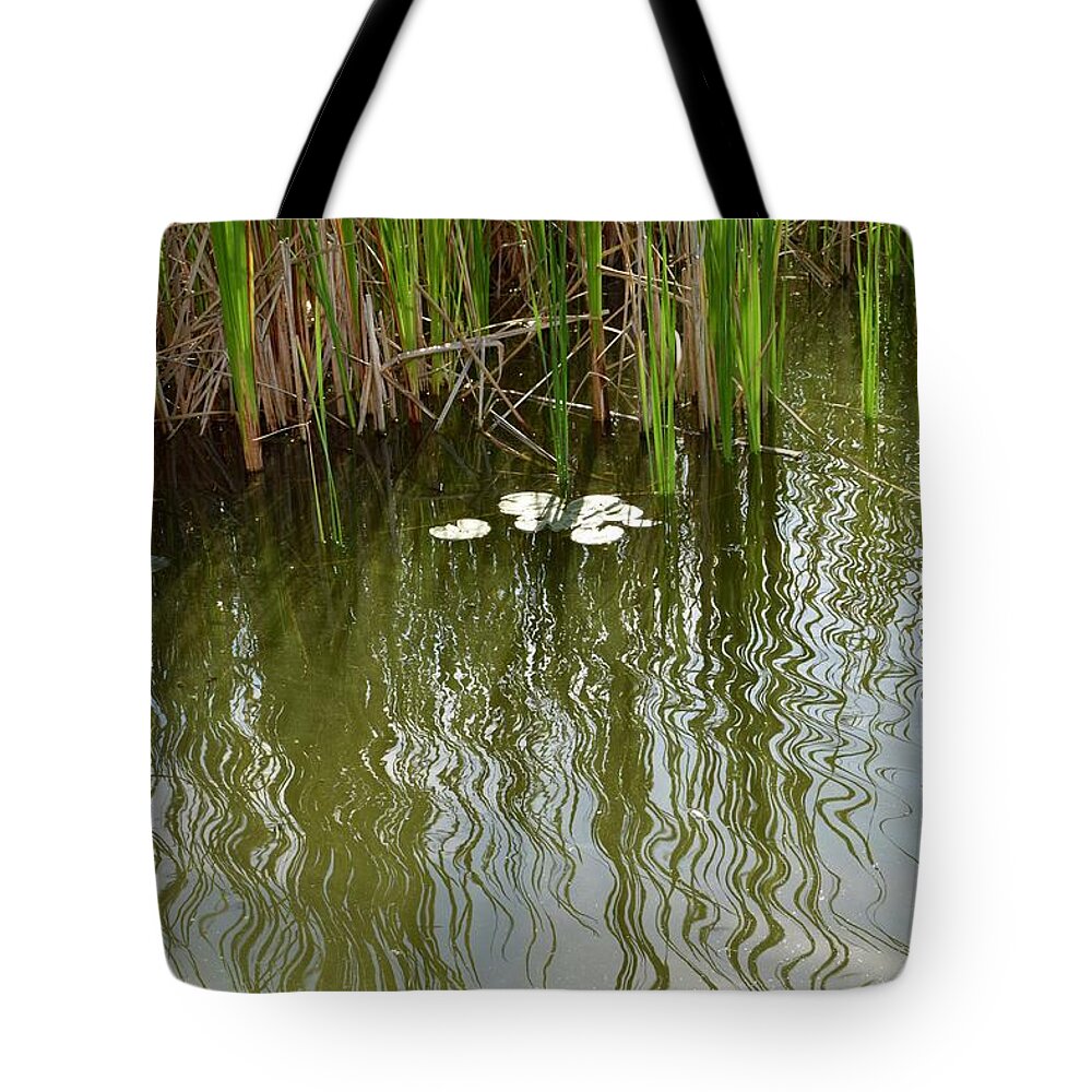 Water Tote Bag featuring the photograph Reed Reflections by Linda L Brobeck