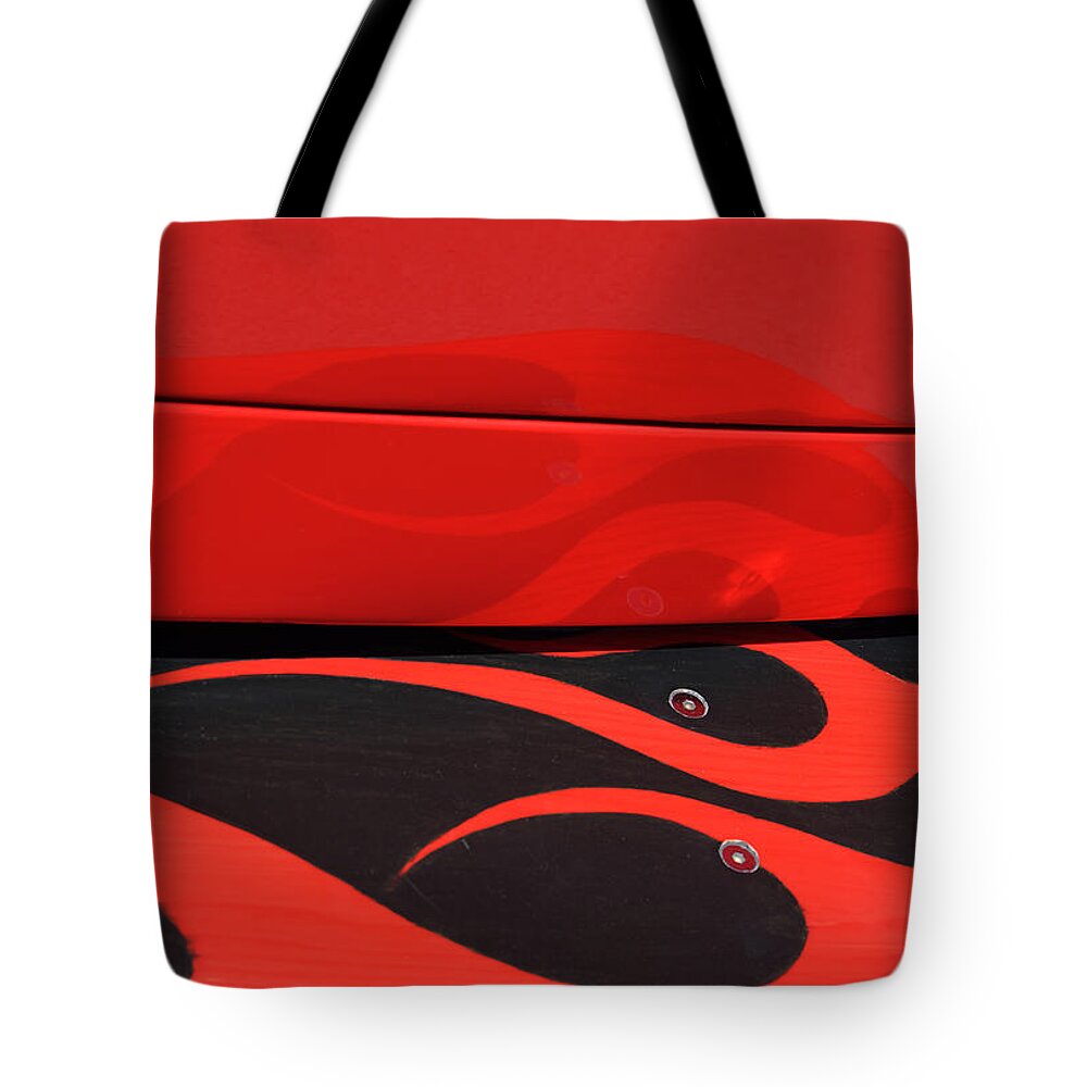 Red Tote Bag featuring the photograph Reflections at the Car Show 5 by Kae Cheatham