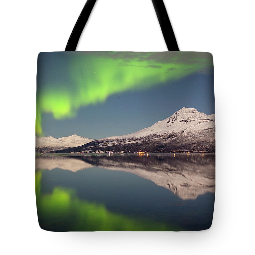 Tromso Tote Bag featuring the photograph Reflected Aurora by Antonyspencer
