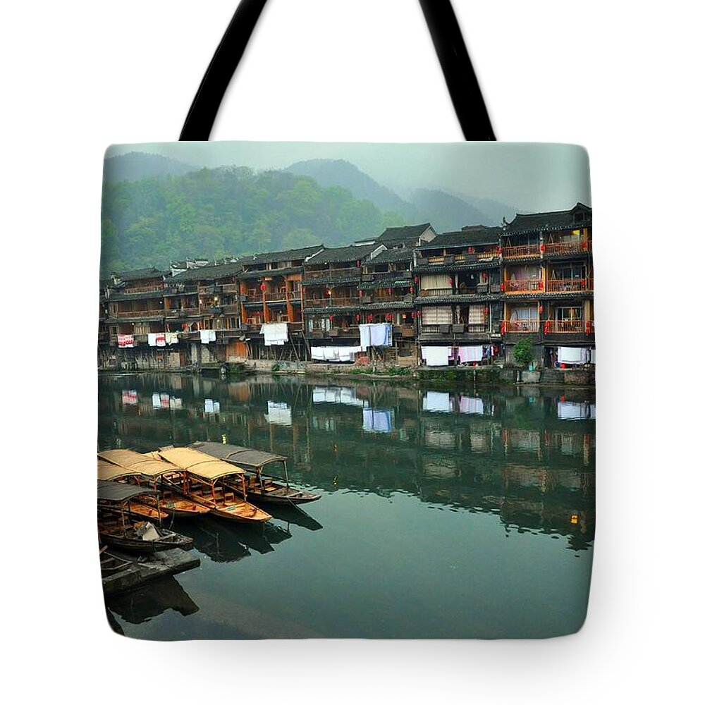 Tranquility Tote Bag featuring the photograph Reflections At Fenghuang Ancient Town by Missgeok