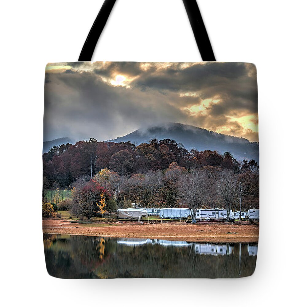 Reflections Tote Bag featuring the photograph Reflections, Autumn At North Georgia Mountain Lake After Rain At Sunset by Felix Lai