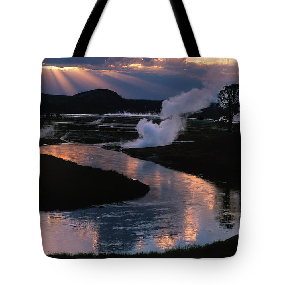 Landscape Tote Bag featuring the photograph Reflections On The Firehole River by Sandra Bronstein