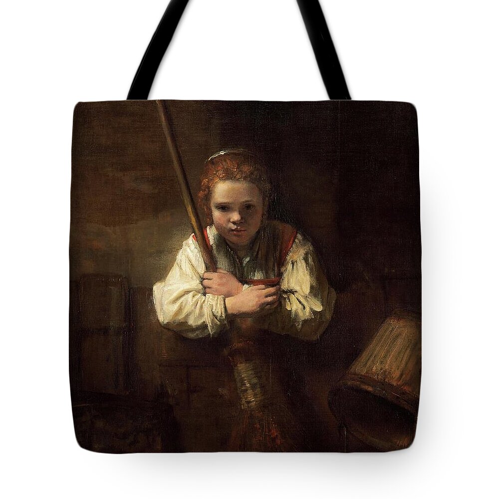 Oil On Canvas Tote Bag featuring the painting Rembrandt Workshop -Possibly Carel Fabritius- A Girl with a Broom. by Rembrandt Workshop -Possibly Carel Fabritius-