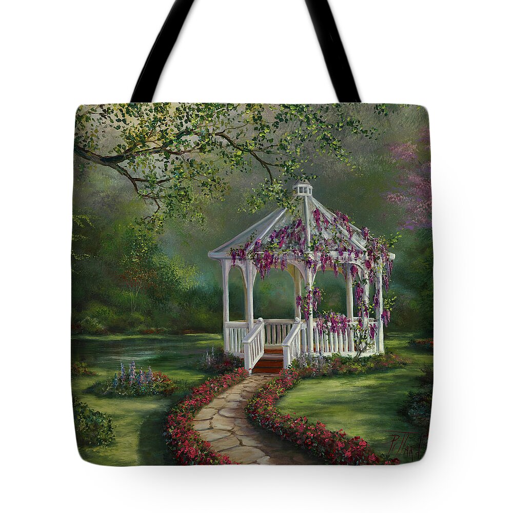 Gazebo Tote Bag featuring the painting Gazebo Rendezvous by Lynne Pittard