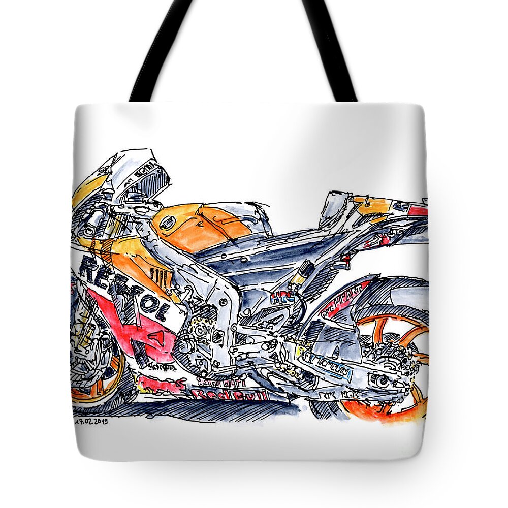 Motorbike Tote Bag featuring the drawing Repsol Honda RC213V Moto GP 2017 Motorcycle Ink Drawing and Wate by Frank Ramspott