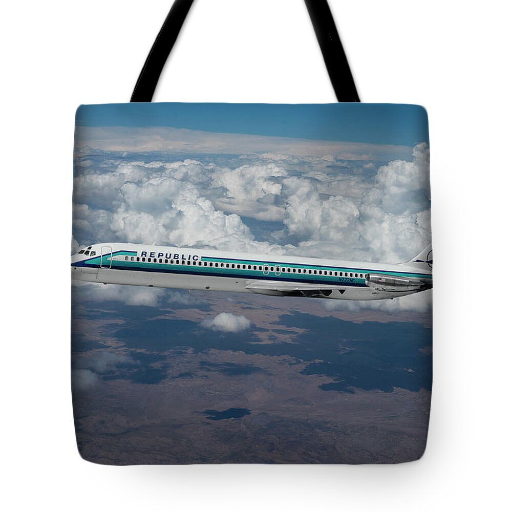 Republic Airlines Tote Bag featuring the mixed media Republic Airlines Classic Livery DC-9-51 by Erik Simonsen