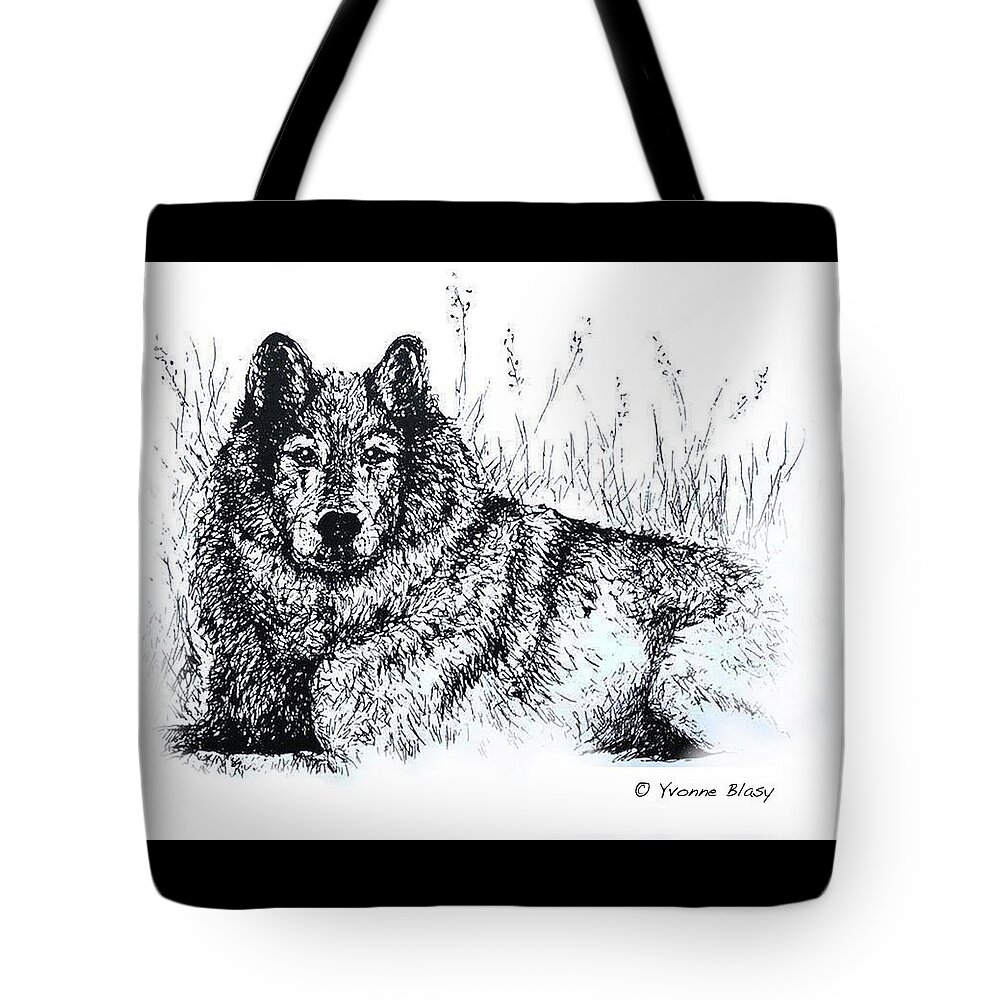 Wolf Tote Bag featuring the drawing Resting But Alert by Yvonne Blasy