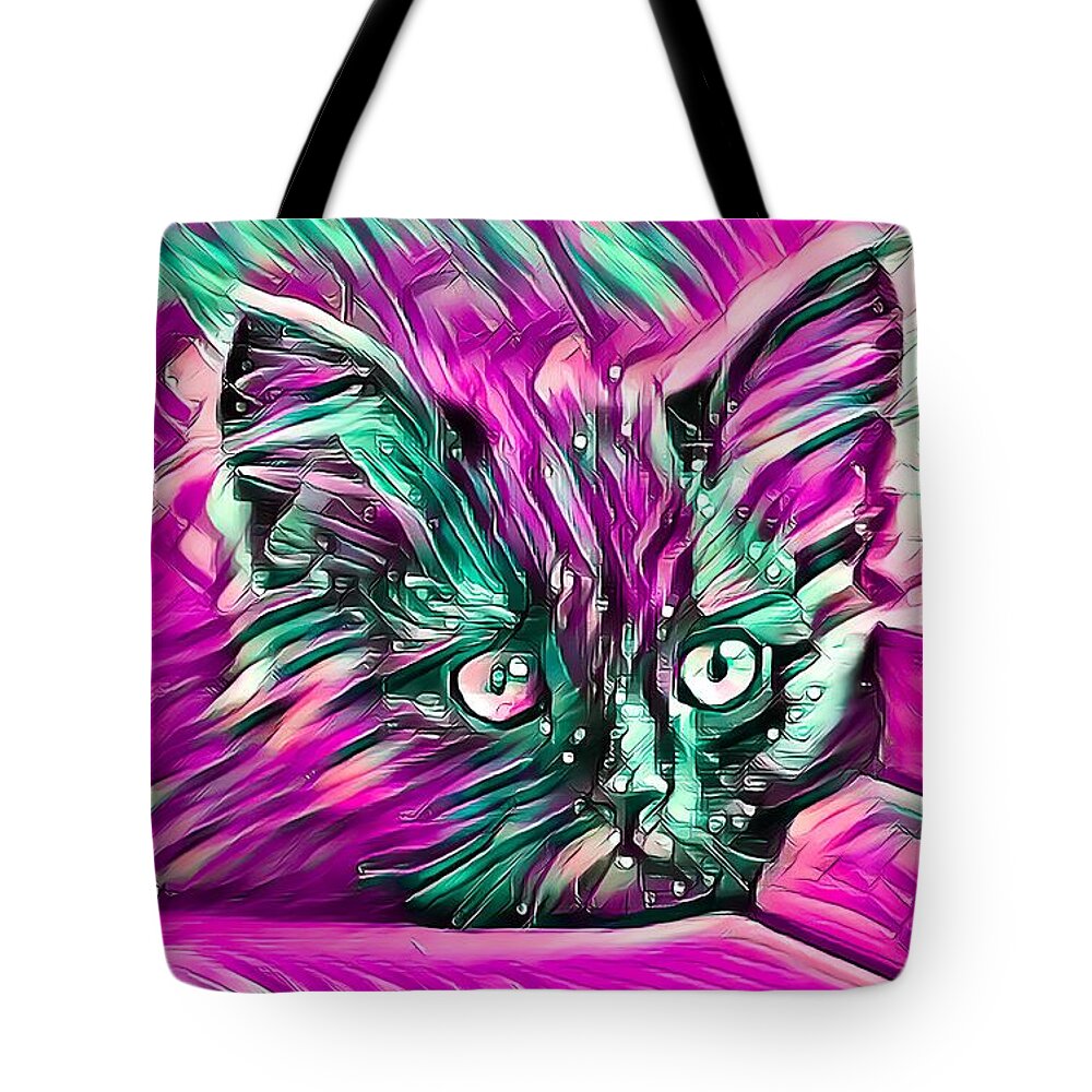 Purple Tote Bag featuring the digital art Resting Kitten Abstract Purple by Don Northup