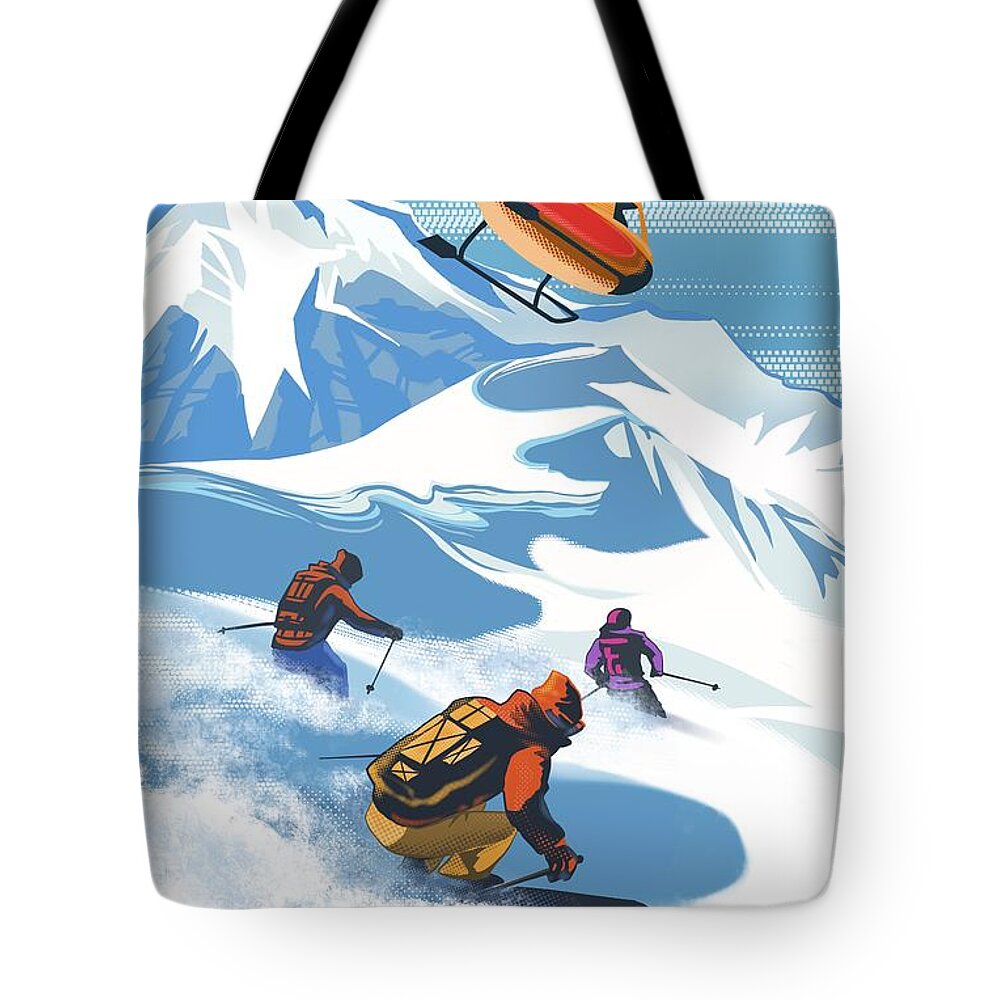 Travel Poster Tote Bag featuring the painting Retro Revelstoke Heliski Travel Poster by Sassan Filsoof