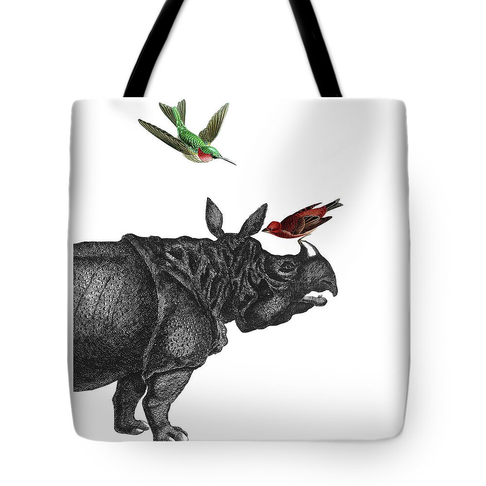 Rhino Tote Bag featuring the digital art Rhinoceros with birds art print by Madame Memento