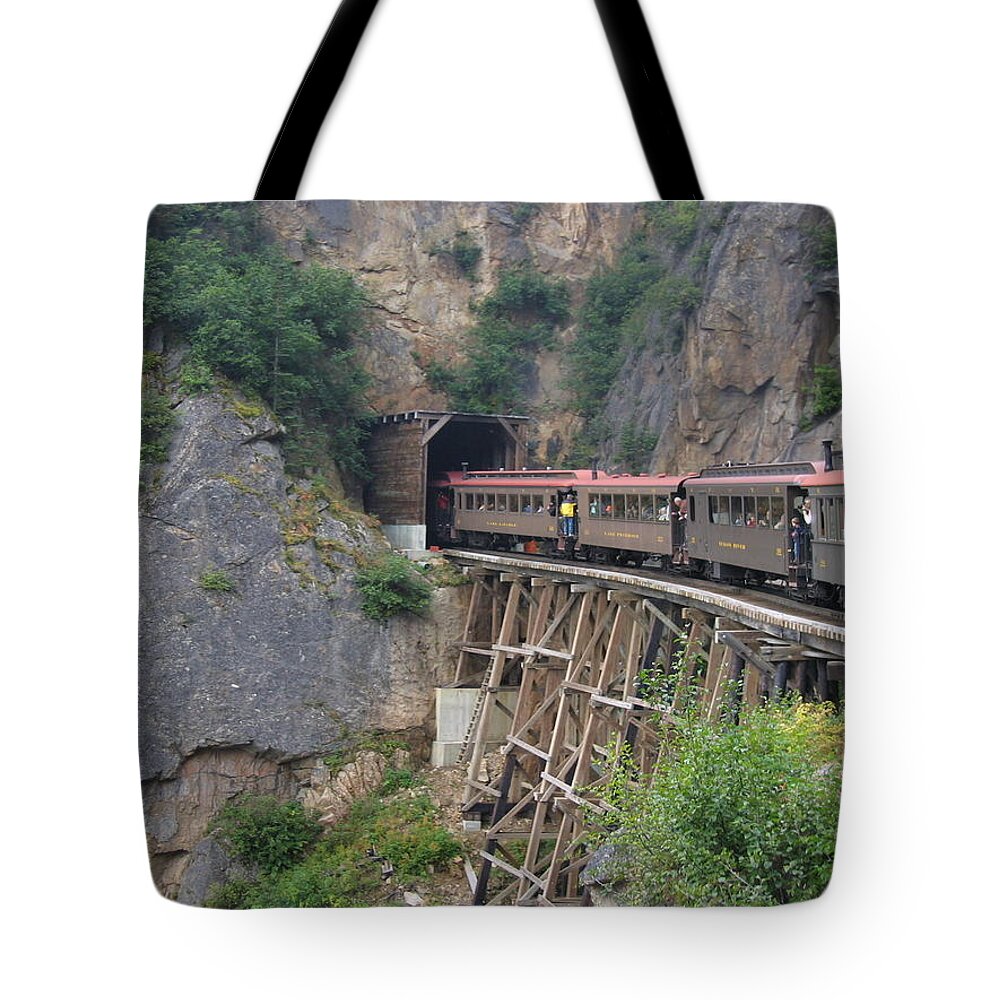 Train Tote Bag featuring the photograph Riding the train in Skagway Alaska by Patricia Caron