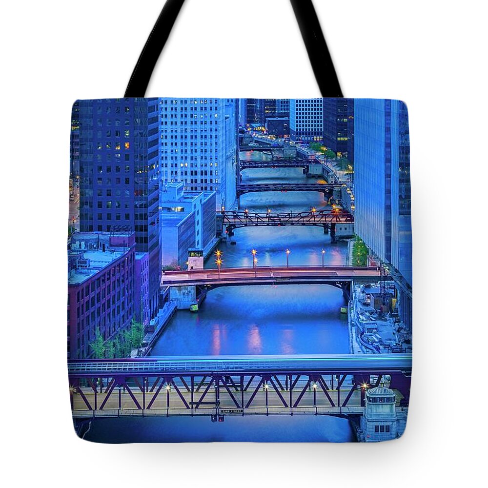 Estock Tote Bag featuring the digital art River & Bridges, Chicago, Il by Claudia Uripos