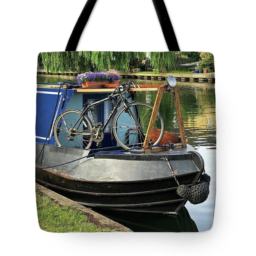 Boat Tote Bag featuring the photograph River Boat And Bicycle by Gill Billington