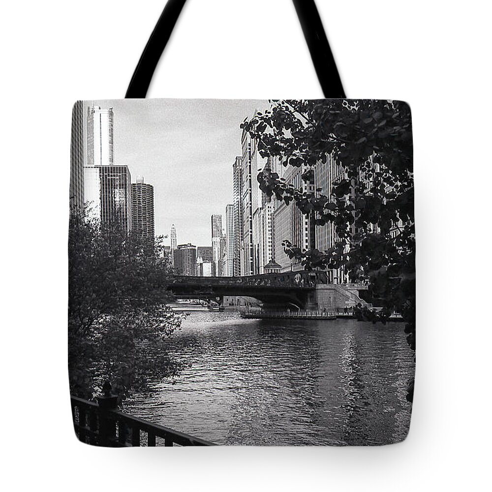 Chicago Tote Bag featuring the photograph River Fence by Laura Hedien