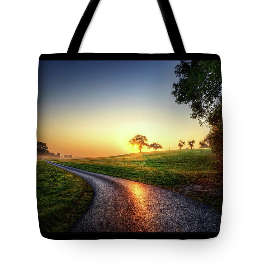 Scenics Tote Bag featuring the photograph Road At Sunrise by Laser Lovelyness Amplificated Saturated Editing Of Radiance