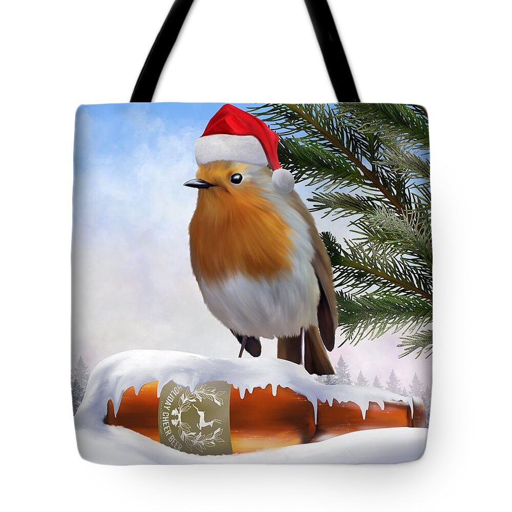 Robin Around The Christmas Tree Tote Bag featuring the digital art Robin Around The Christmas Tree by Mark Taylor