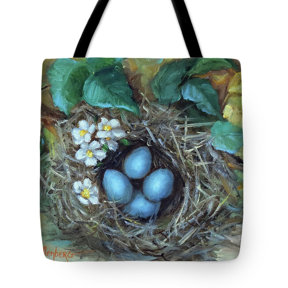 Robins Eggs Tote Bag featuring the painting Robin Eggs I by Cheri Wollenberg