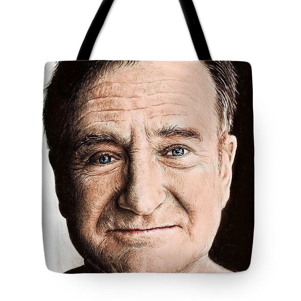 Robin Williams Tote Bag featuring the drawing Robin Williams colour ver 2 by Andrew Read