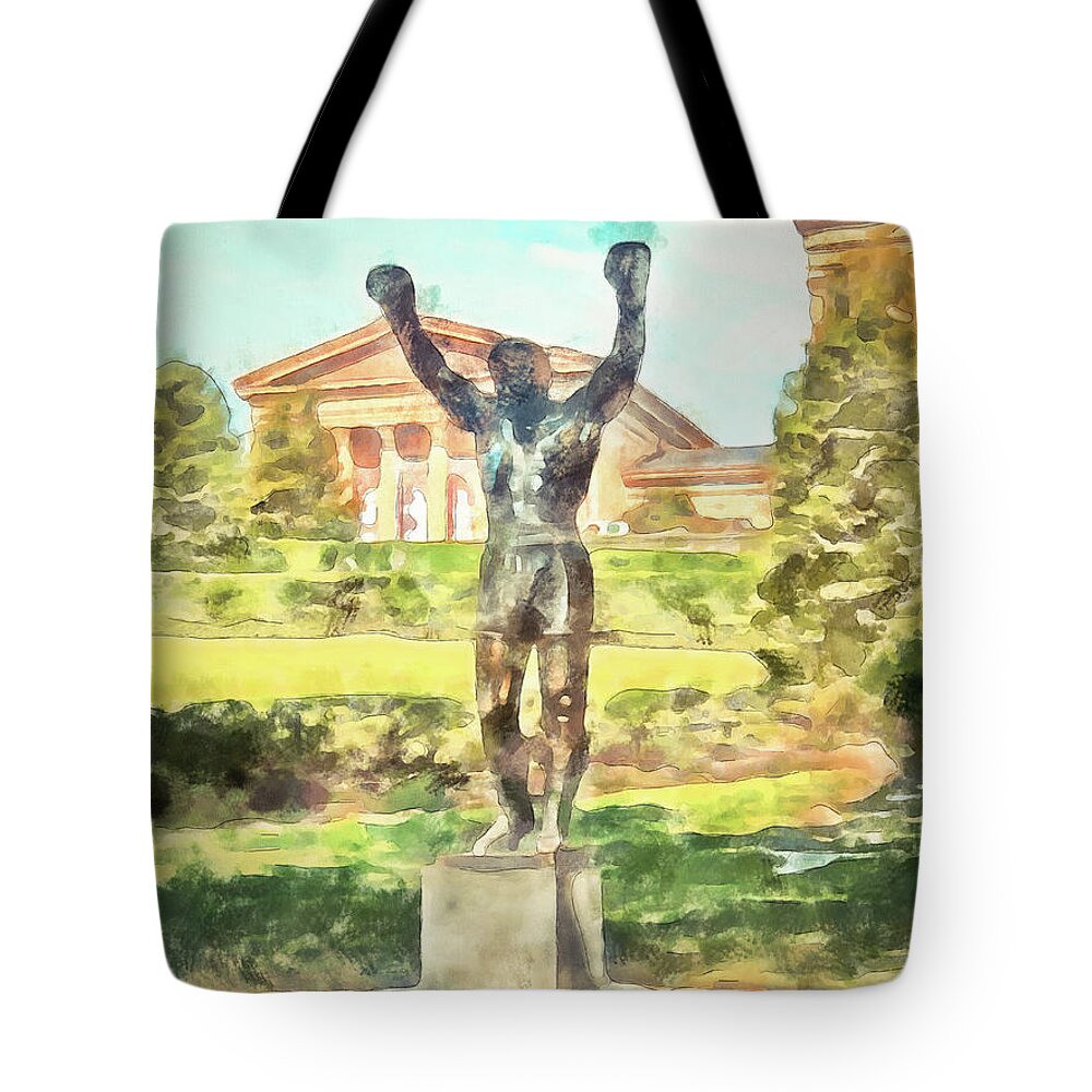 Philly Tote Bag featuring the mixed media Rocky At The Art Museum by Trish Tritz