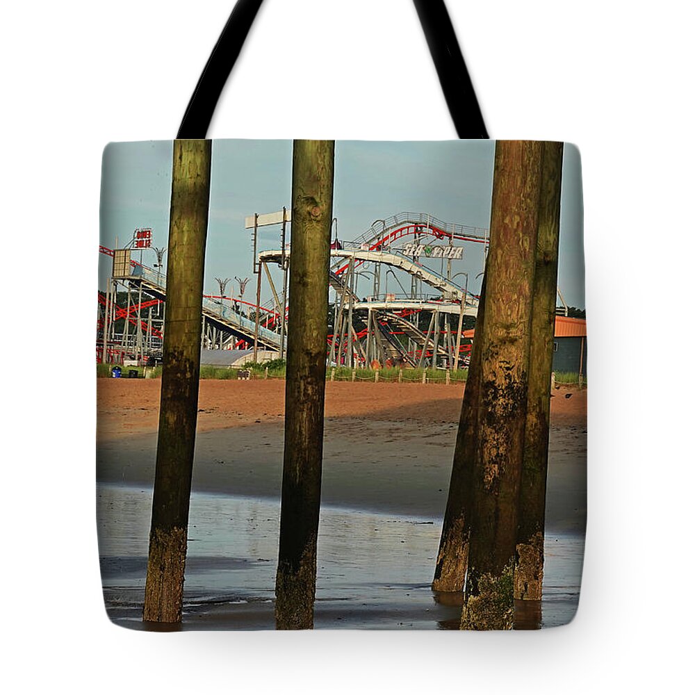 Old Tote Bag featuring the photograph Roller Coaster Through the Pylons Old Orchard Beach Maine by Toby McGuire