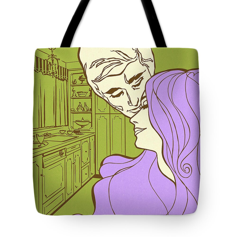 Adult Tote Bag featuring the drawing Romantic Couple in the Kitchen by CSA Images
