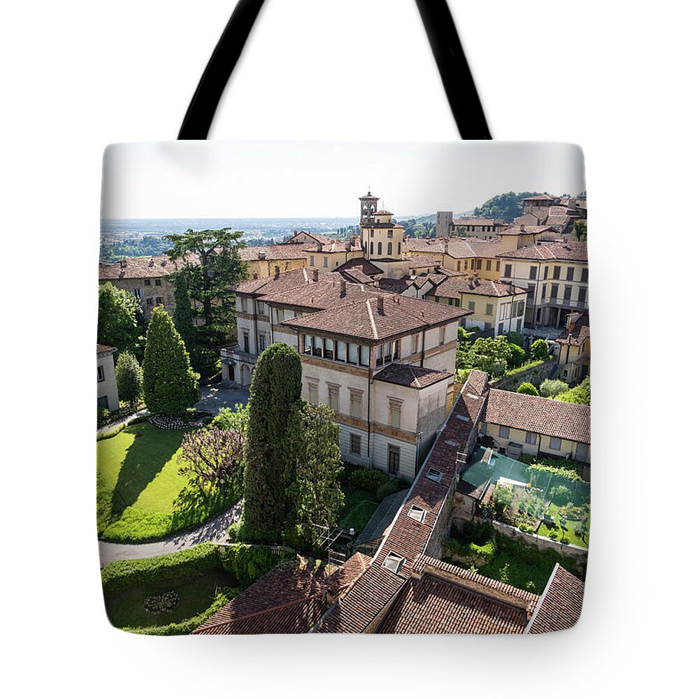 Georgia Mizuleva Tote Bag featuring the photograph Rooftops and Gardens - Citta Alta Upper Town in Bergamo Lombardy Italy by Georgia Mizuleva