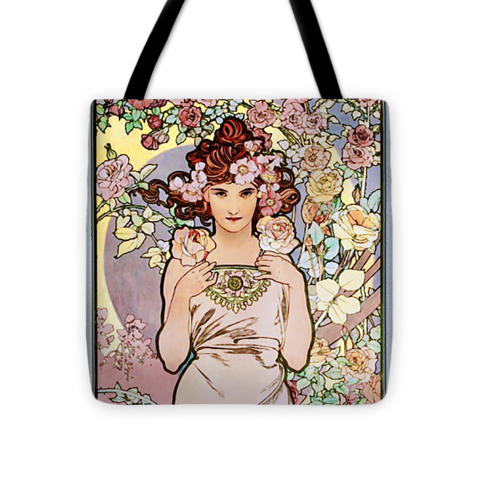 Rose Tote Bag featuring the painting Rose by Alphonse Mucha by Rolando Burbon
