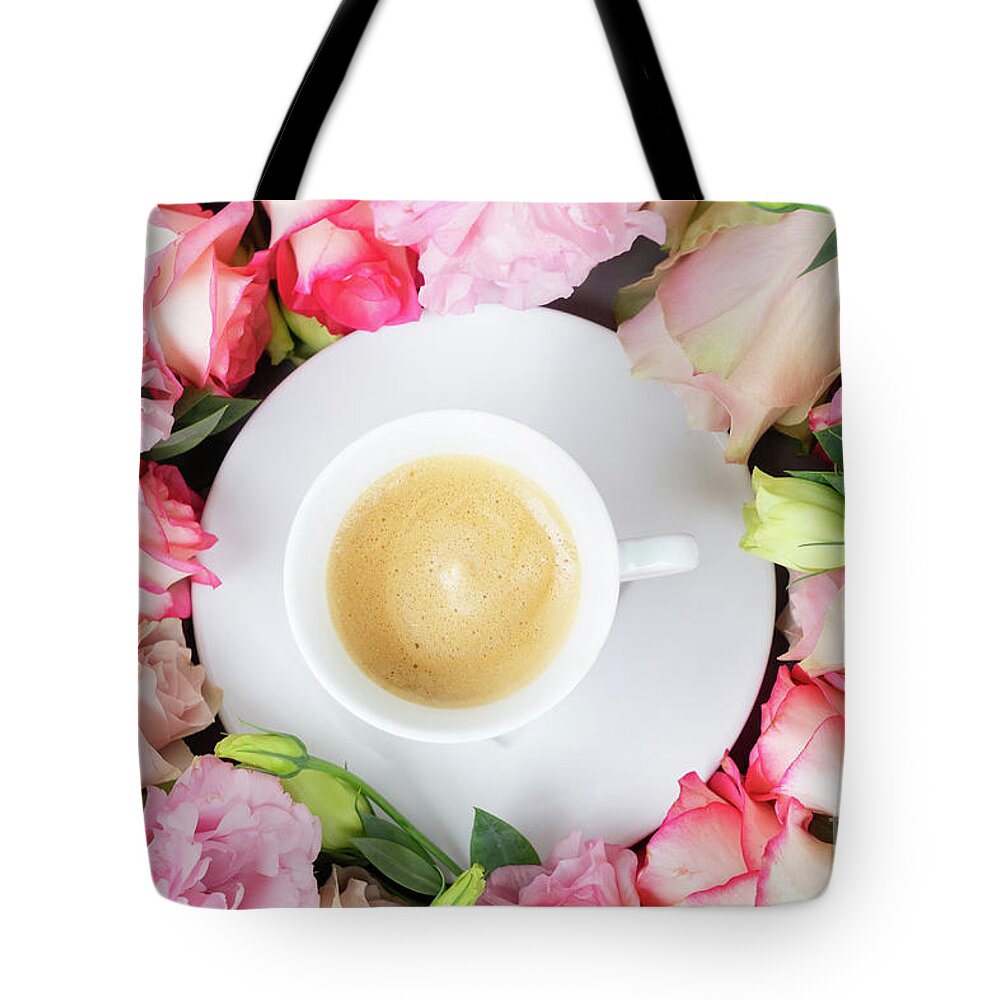 Roses Tote Bag featuring the photograph Coffee with scent of Roses by Anastasy Yarmolovich