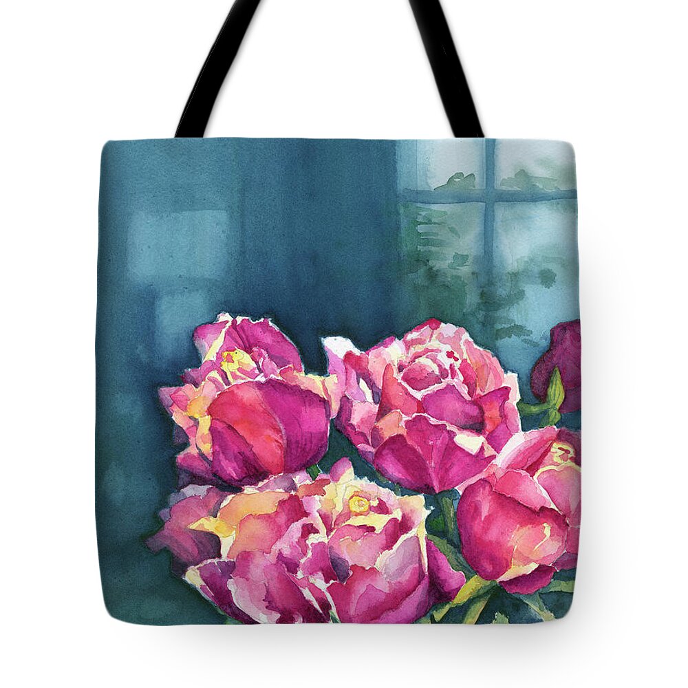 Face Mask Tote Bag featuring the painting Rose and Window by Lois Blasberg