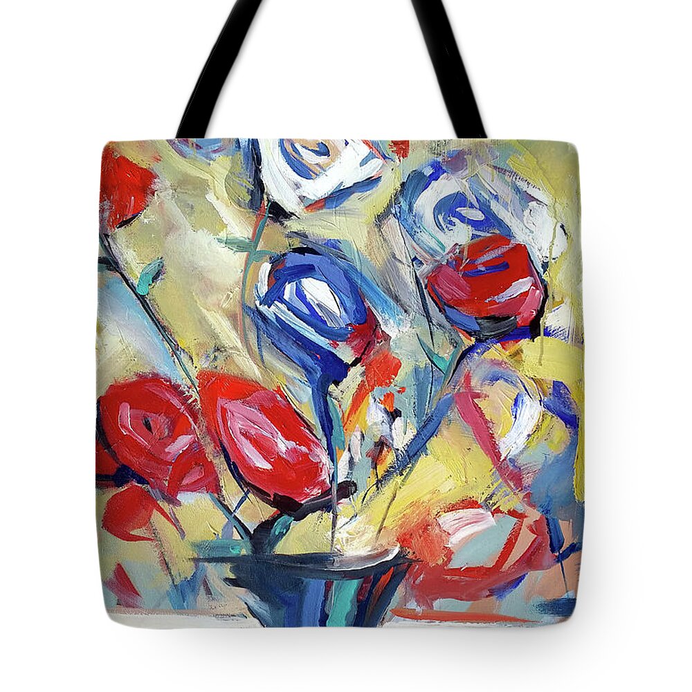  Tote Bag featuring the painting Roses and Bluez by John Gholson