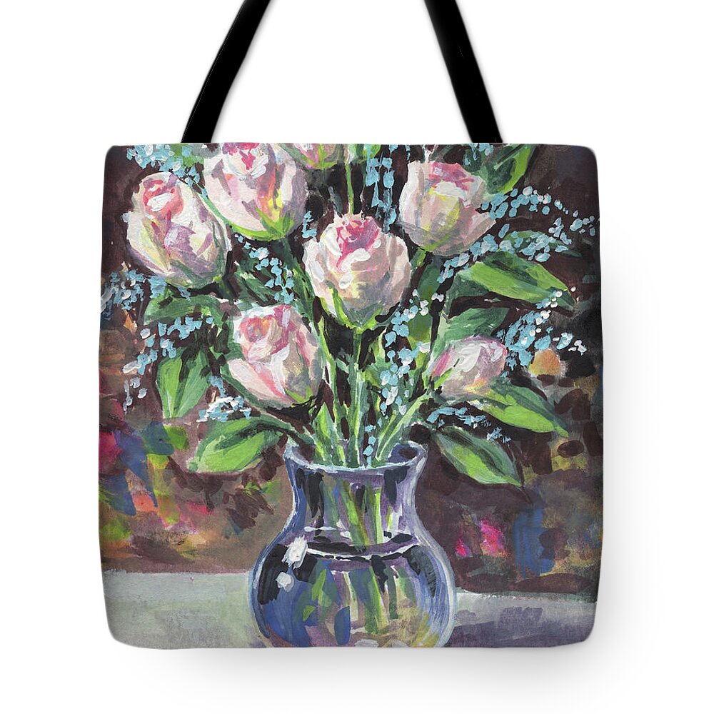Rose Tote Bag featuring the painting Roses Bouquet In Glass Vase Floral Impressionism by Irina Sztukowski