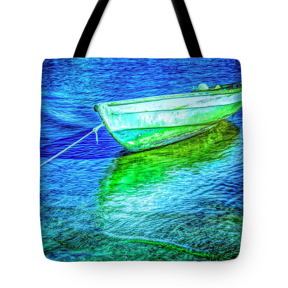 Boats Tote Bag featuring the photograph Rowboat in Vivid Blues by Debra and Dave Vanderlaan