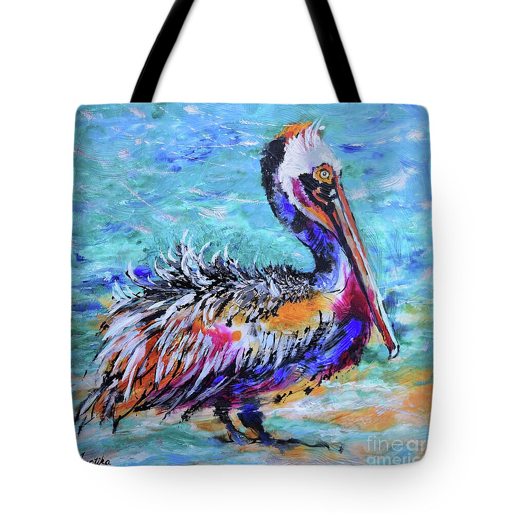Pelican Tote Bag featuring the painting Ruffled Pelican by Jyotika Shroff