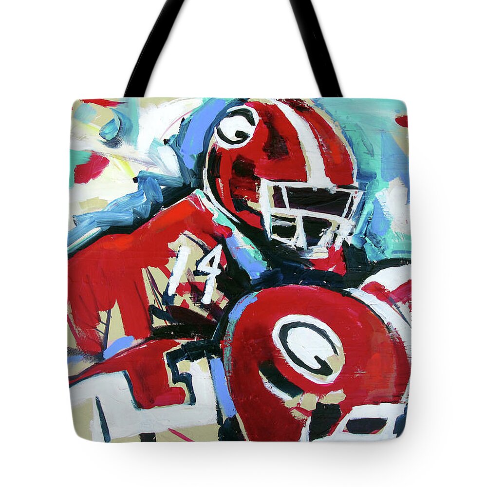 Uga Football Tote Bag featuring the painting Run The Play by John Gholson