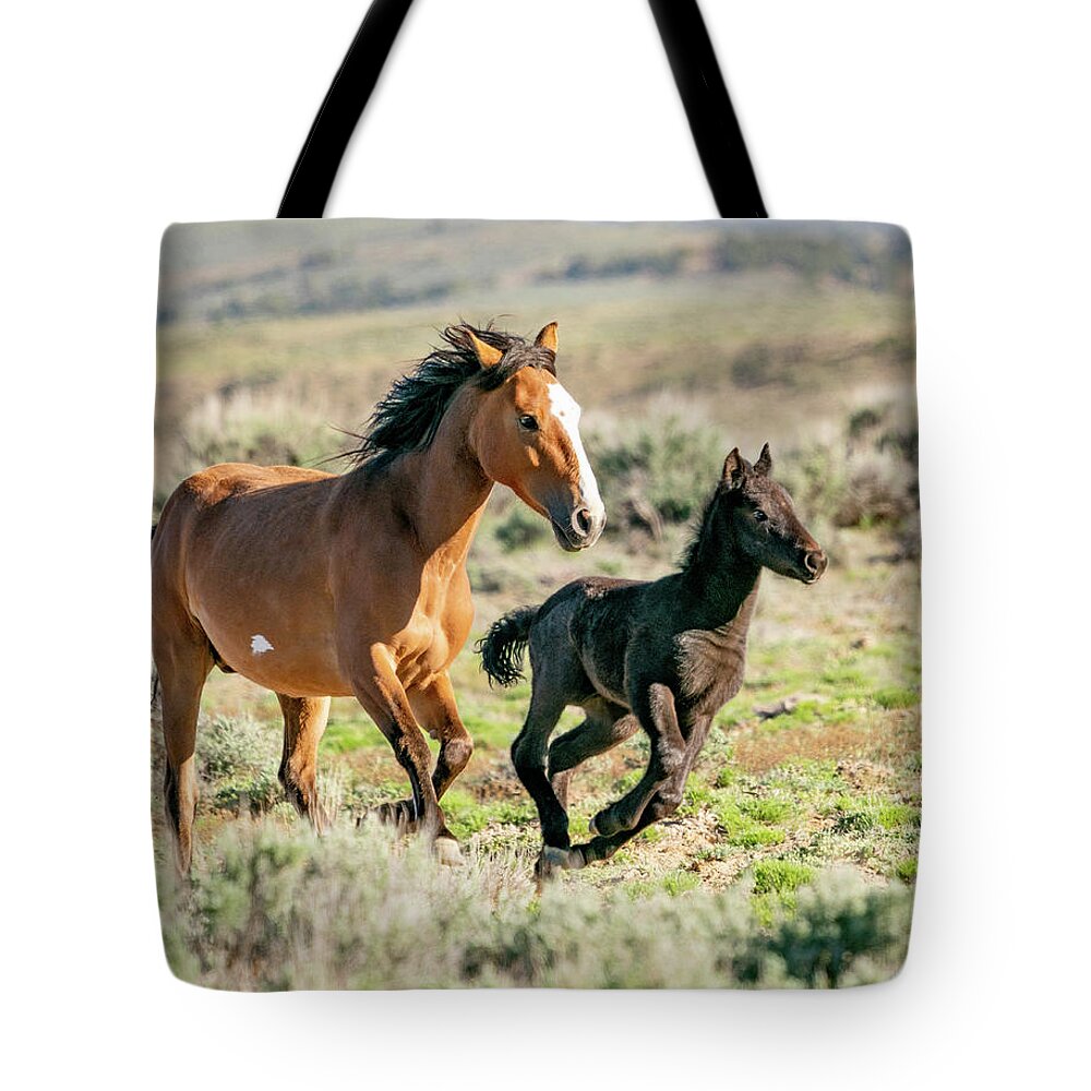 Wild Mustangs Tote Bag featuring the photograph Running Wild Mustangs - Mom and Baby by Judi Dressler