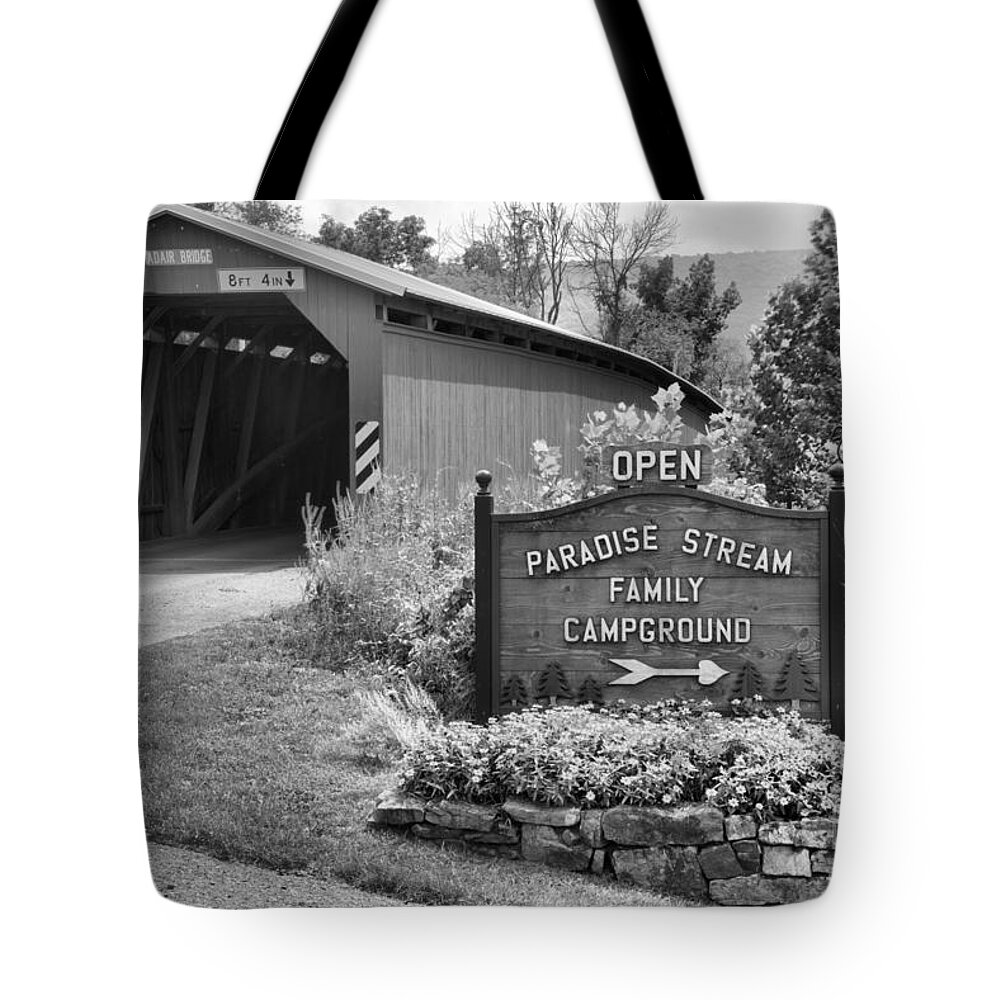 Adair Tote Bag featuring the photograph Rural Cisna Mill Covered Bridge Black And White by Adam Jewell