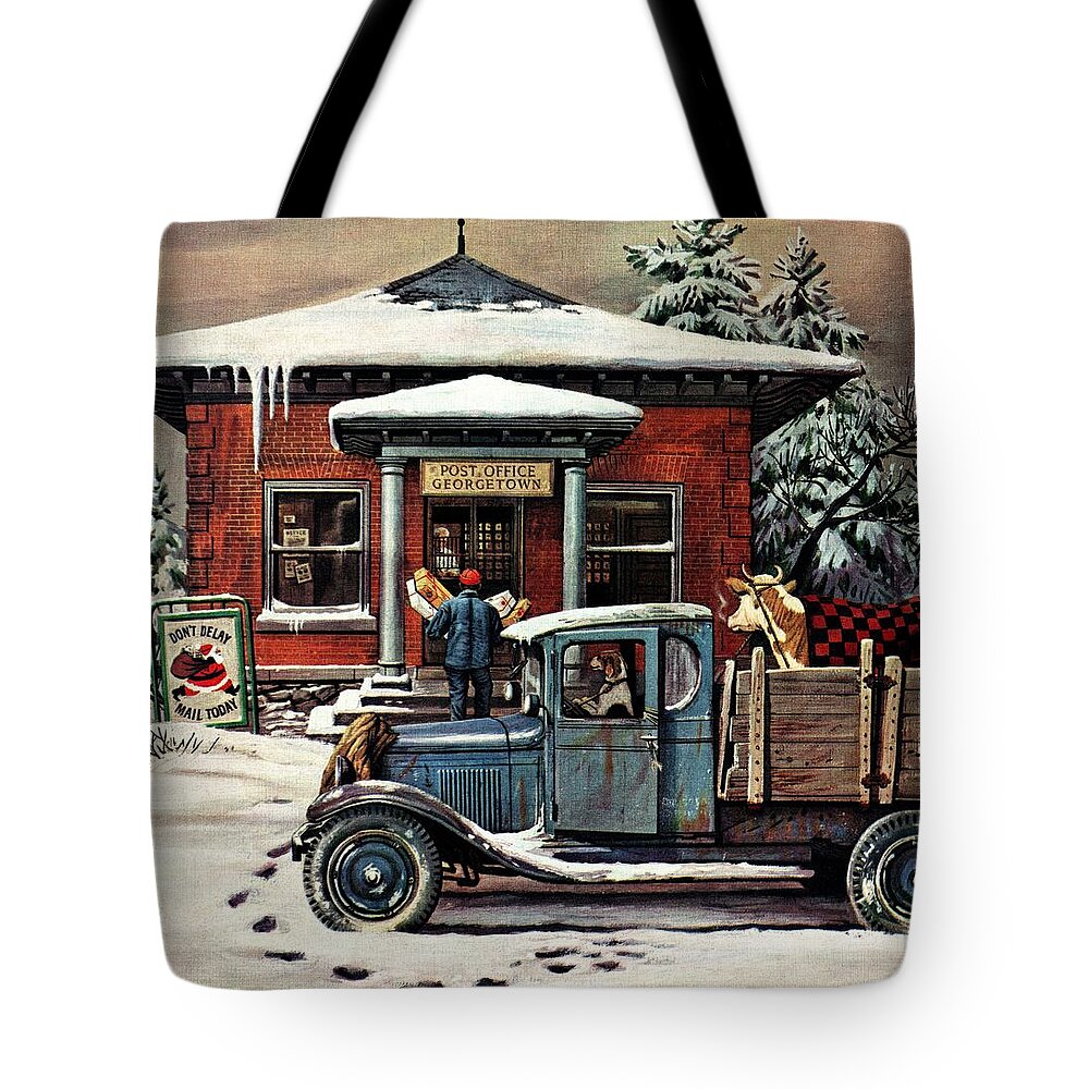 Christmas Tote Bag featuring the drawing Rural Post Office At Christmas by Stevan Dohanos