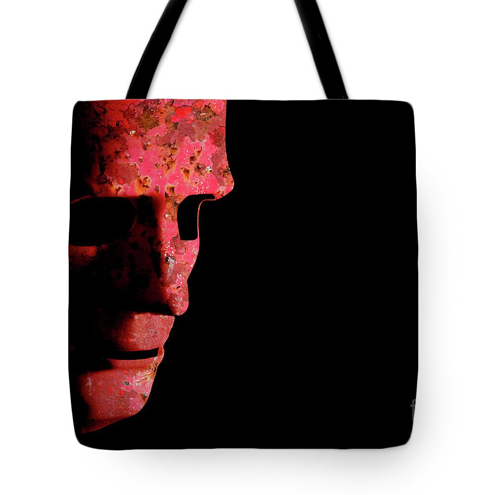 Mask Tote Bag featuring the photograph Rusty robotic face old technology by Simon Bratt