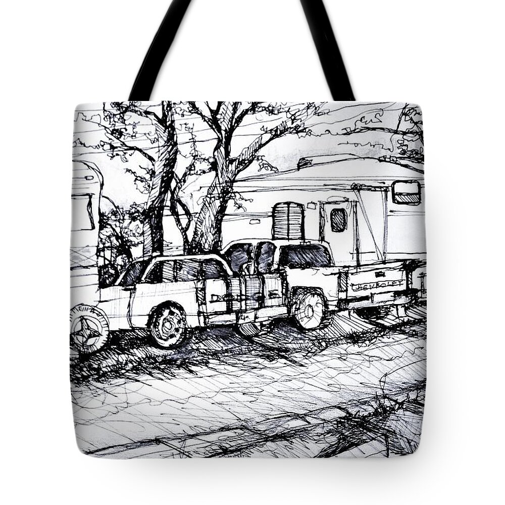 Rv Tote Bag featuring the painting RV Park and Trucks by Linda Shackelford