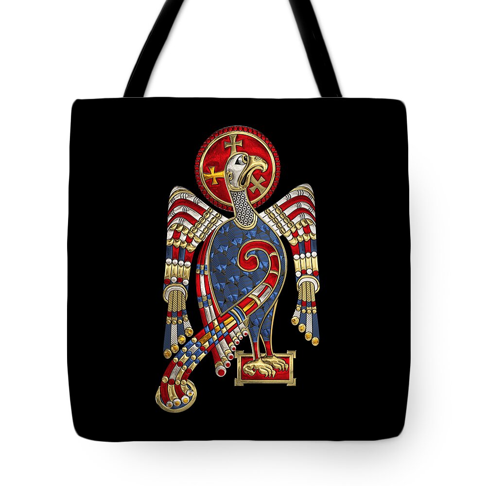 ‘celtic Treasures’ Collection By Serge Averbukh Tote Bag featuring the digital art Sacred Celtic Eagle over Black Canvas by Serge Averbukh