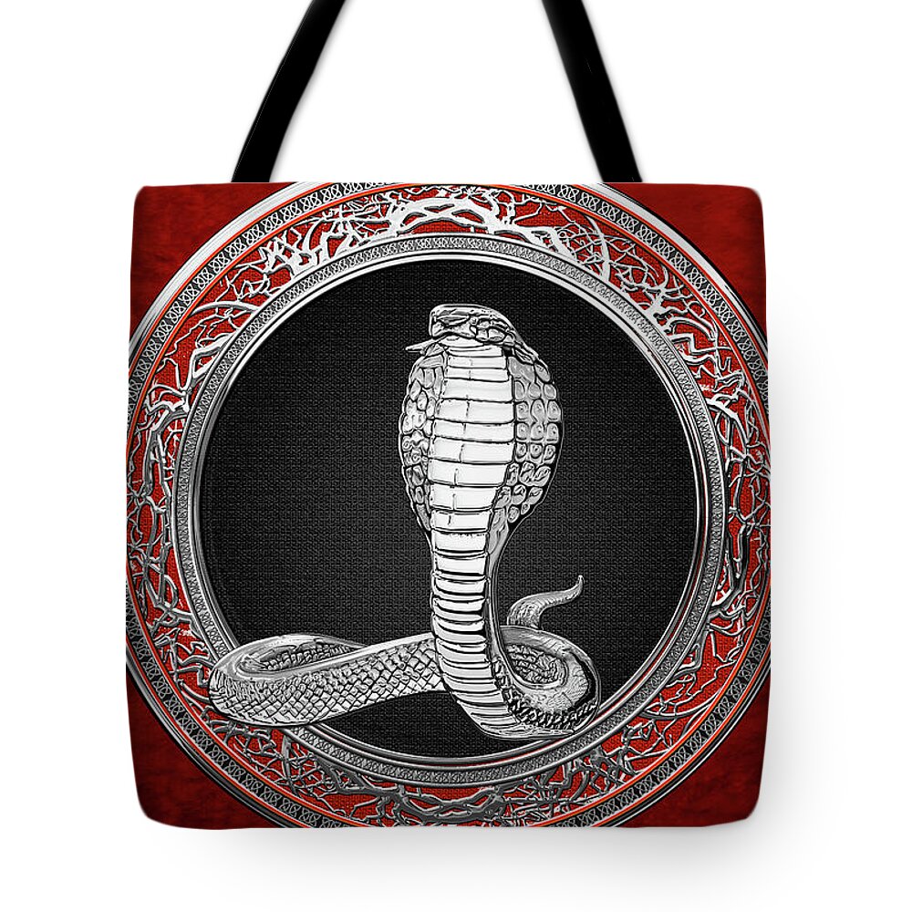'beasts Creatures And Critters' Collection By Serge Averbukh Tote Bag featuring the digital art Sacred Silver King Cobra on Red Canvas by Serge Averbukh