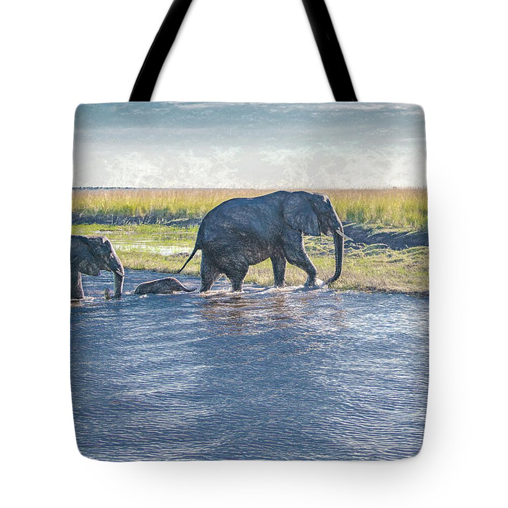 Elephants Tote Bag featuring the photograph Safe Crossing by Marcy Wielfaert