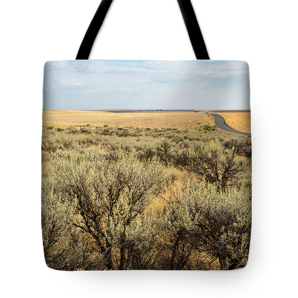 Sagebrush And Ranch Road Tote Bag featuring the photograph Sagebrush and Ranch Road by Tom Cochran