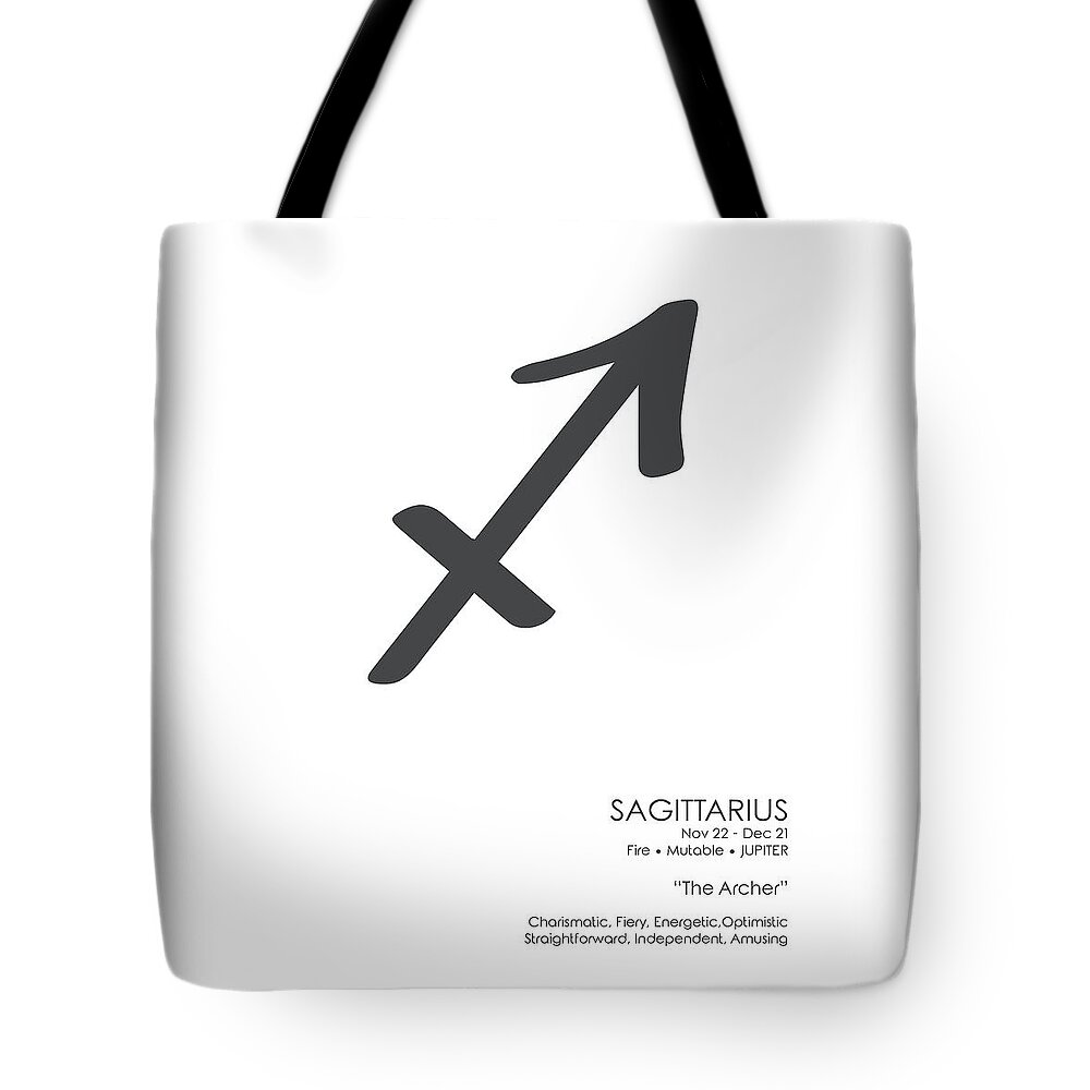 Sagittarius Tote Bag featuring the mixed media Sagittarius Print - Zodiac Signs Print - Zodiac Posters - Sagittarius Poster - Black and White by Studio Grafiikka