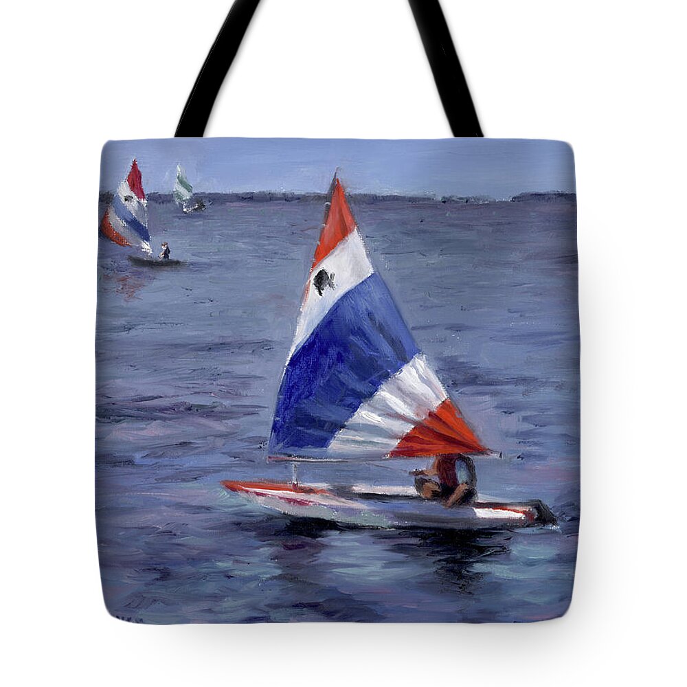 Sail Boating At Lakeside Ohio Tote Bag featuring the painting Sail Boating at Lakeside by Terri Meyer