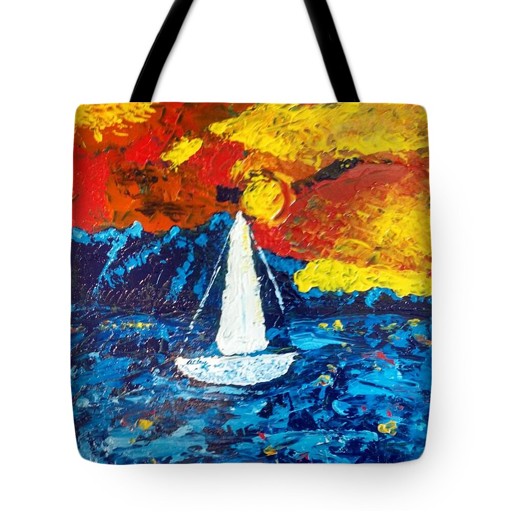 Sailboat Tote Bag featuring the painting Sailboat by April Clay