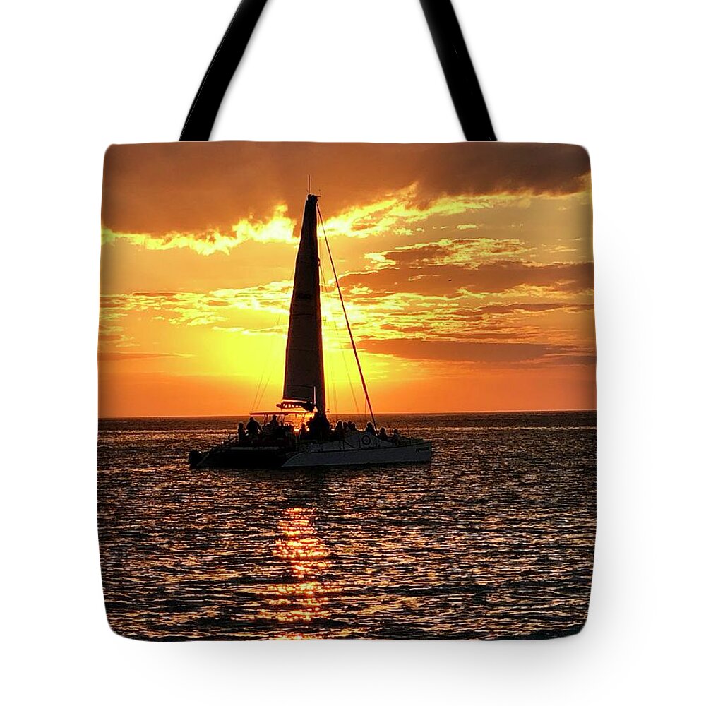 Beach Tote Bag featuring the photograph Sailboat Silhouette Sunset in Captiva Island Florida 2019 by Shelly Tschupp