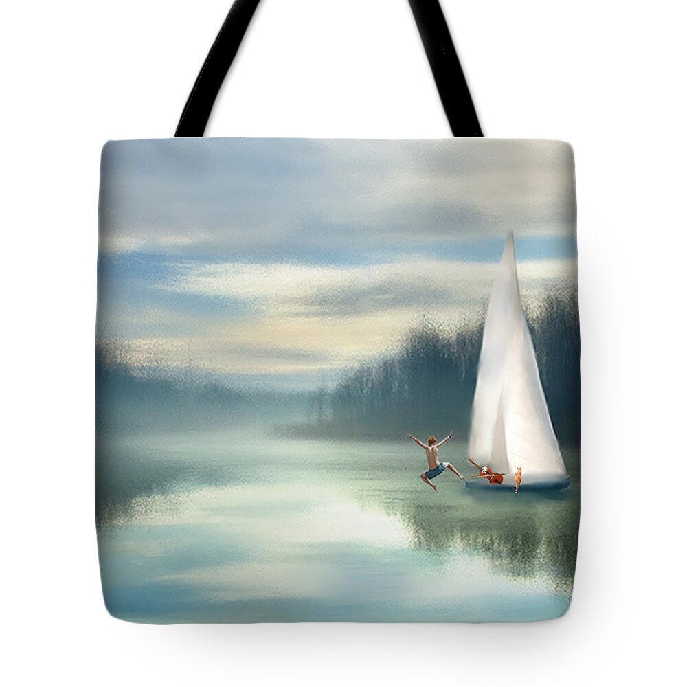 Sailing Boats Tote Bag featuring the mixed media Sailing Down the River by Colleen Taylor