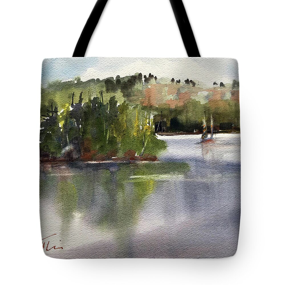 Landscape Tote Bag featuring the painting Sailing on First Lake by Judith Levins