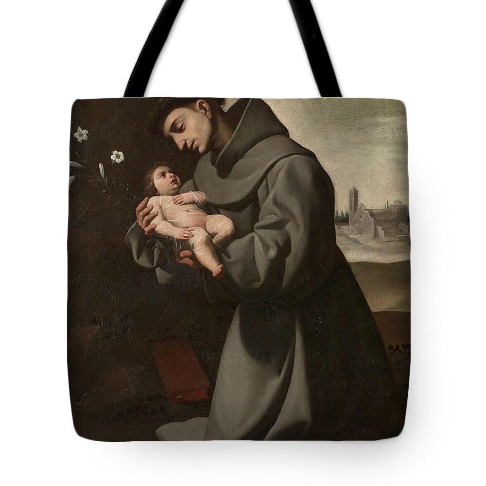 Francisco De Zurbaran Tote Bag featuring the painting 'Saint Anthony of Padua with the Infant Christ'. 1635 - 1650. Oil on canvas. by Francisco de Zurbaran -c 1598-1664-